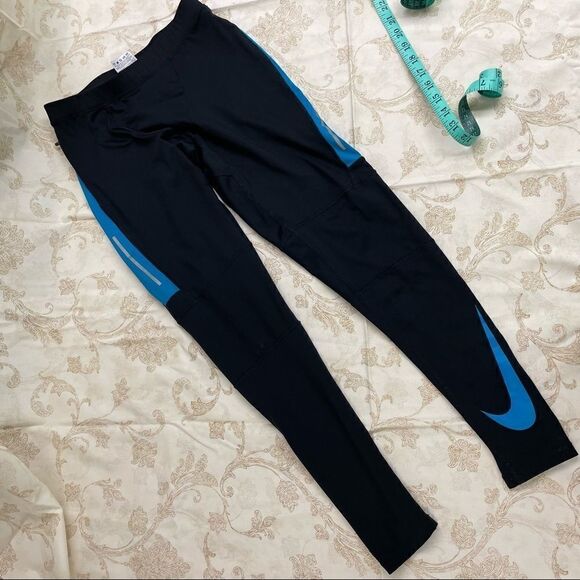 Nike dri-fit cropped running tights black and blue with reflective details MED - Picture 6 of 11